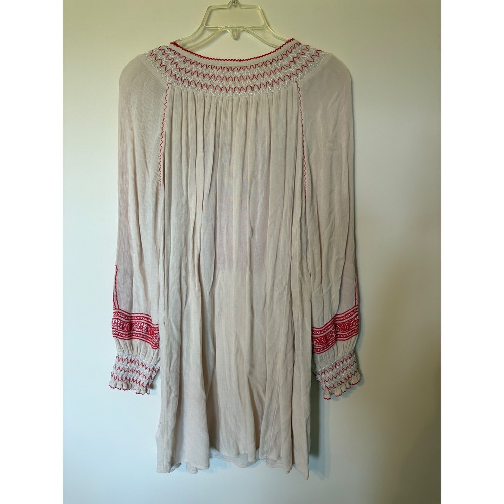 Free People Boho Embroidered Mini Dress Cream Red Tassel XS Peasant Gauze - Picture 5 of 7